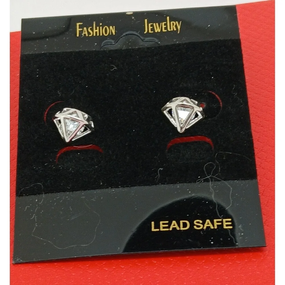 Vintage‎ 90s Silver Tone Geometric Diamond Cage Stud Earrings Clear Stone New